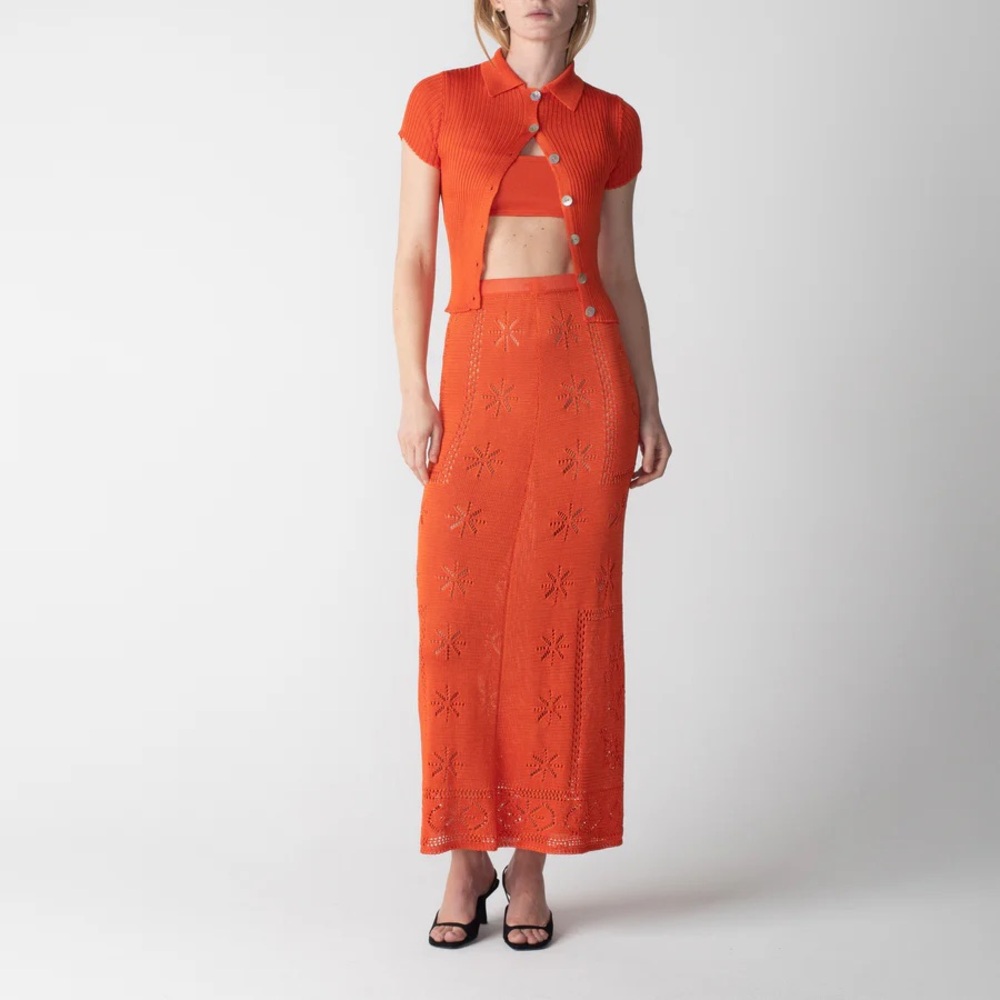 Calle Del Mar Pointelle Crochet Knit Mesh Midi Skirt Orange Tomato